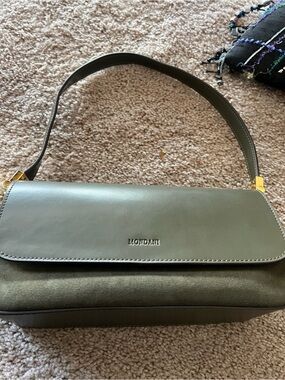 Mondani Olive Green suede  Shoulder Bag with Gold Accents